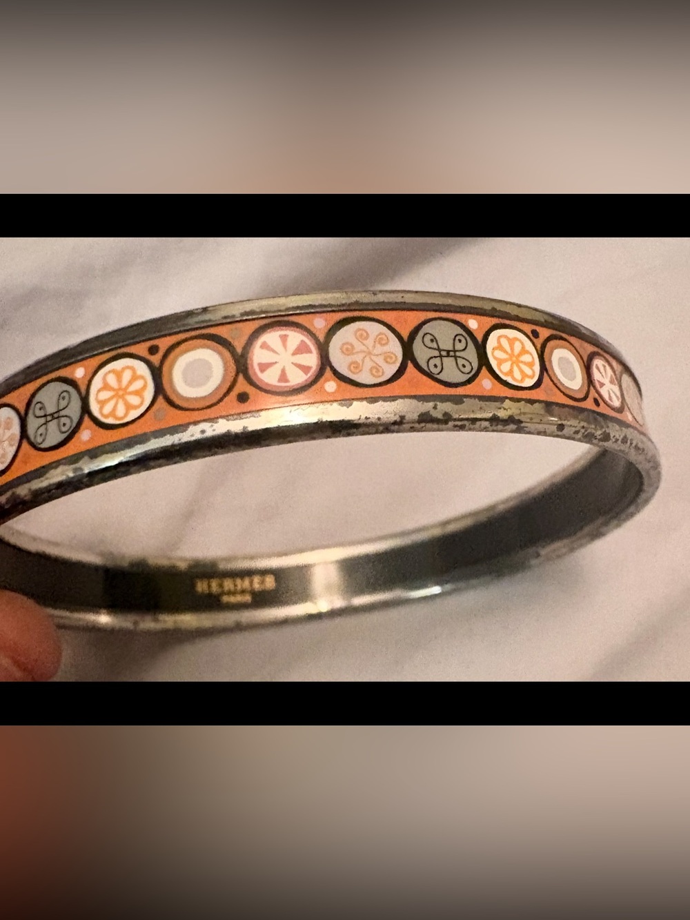 Authentic Vintage Hermès Paris Austria Orange Enamel Medallion L Bangle Bracelet